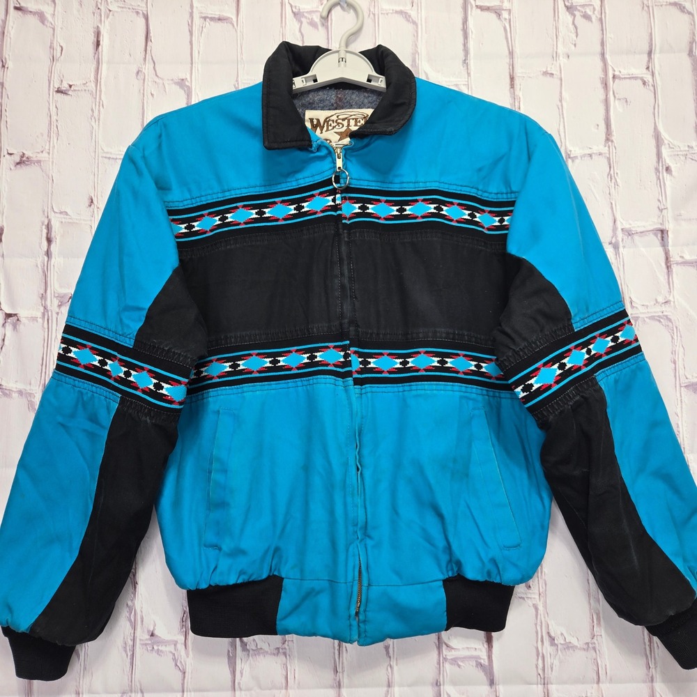 Vintage 90s Western Frontier Bomber Jacket Turquoise Aztec Trim Made USA Mens L